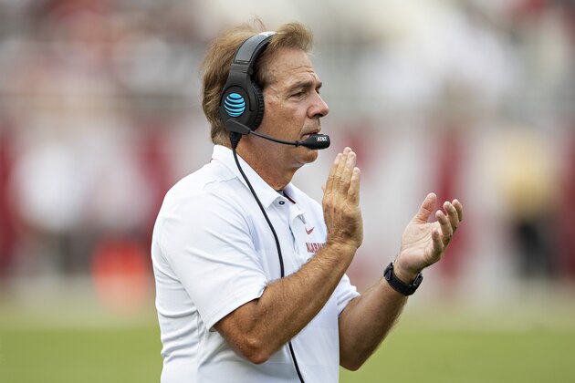 TUSCALOOSA, AL - SEPTEMBER 22:  Head Coach Nick Saban of the Alabama Crimson Tide on the field during a game against the Texas A&M Aggies at Bryant-Denny Stadium on September 22, 2018 in Tuscaloosa, Alabama.  The Crimson Tide defeated the Aggies 45-23.  (Photo by Wesley Hitt/Getty Images)