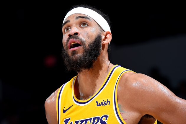 SAN DIEGO, CA - SEPTEMBER 30: JaVale McGee #7 of the Los Angeles Lakers is seen against the Denver Nuggets during a pre-season game on September 30, 2018 at Valley View Casino Center in San Diego, California. NOTE TO USER: User expressly acknowledges and agrees that, by downloading and/or using this Photograph, user is consenting to the terms and conditions of the Getty Images License Agreement. Mandatory Copyright Notice: Copyright 2018 NBAE (Photo by Andrew D. Bernstein/NBAE via Getty Images)