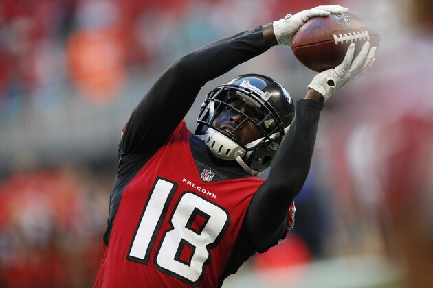 Atlanta Falcons wide receiver Calvin Ridley (18) warms up before the first half of an NFL preseason football game between the Atlanta Falcons and the Miami Dolphins, Thursday, Aug. 30, 2018, in Atlanta. (AP Photo/John Bazemore)