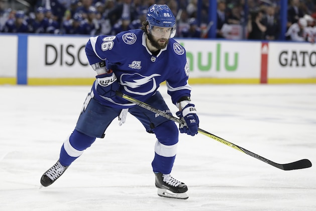 Tampa Bay Lightning right wing Nikita Kucherov (86) during the second period of Game 2 of the NHL Eastern Conference finals hockey playoff series against the Washington Capitals Sunday, May 13, 2018, in Tampa, Fla. (AP Photo/Chris O'Meara)