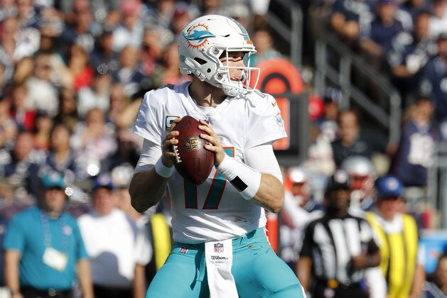 Miami Dolphins quarterback Ryan Tannehill during an NFL football game against the New England Patriots at Gillette Stadium, Sunday, Sept. 30, 2018 in Foxborough, Mass. (Winslow Townson/AP Images for Panini)
