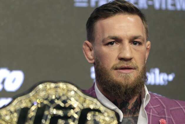 Conor McGregor participates in a news conference in New York, Thursday, Sept. 20, 2018. McGregor is returning to UFC after a two-year absence. He fights undefeated Khabib Nurmagomedov on Oct. 6. (AP Photo/Seth Wenig)