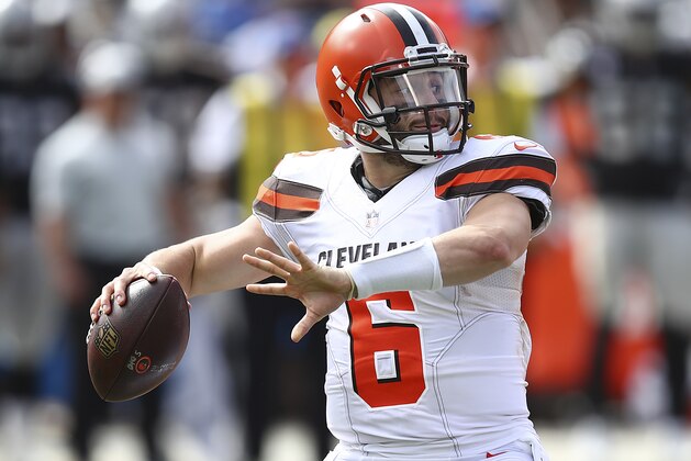 FILE - In this Sunday, Sept. 30, 2018, file photo ,Cleveland Browns quarterback Baker Mayfield (6) passes against the Oakland Raiders during the second half of an NFL football game in Oakland, Calif. Mayfield, the top overall pick in this year’s draft will make his first start at home on Sunday as the Browns host the Baltimore Ravens. (AP Photo/Ben Margot, File)