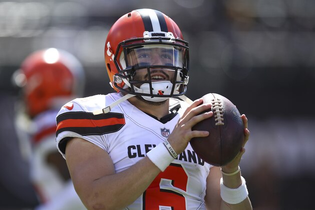 Cleveland Browns quarterback Baker Mayfield (6) before an NFL football game against the Oakland Raiders in Oakland, Calif., Sunday, Sept. 30, 2018. (AP Photo/Ben Margot)