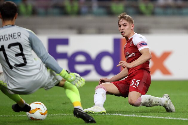 BAKU, AZERBAIJAN - OCTOBER 04:  Emile Smith-Rowe of Arsenal scores his team's second goal  during the UEFA Europa League Group E match between Qarabag FK and Arsenal at  on October 4, 2018 in Baku, Azerbaijan.  (Photo by Francois Nel/Getty Images)
