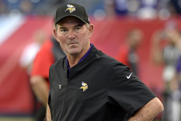 Minnesota Vikings head coach Mike Zimmer watches as players warm up before a preseason NFL football game between the Vikings and the Tennessee Titans Thursday, Aug. 30, 2018, in Nashville, Tenn. (AP Photo/Mark Zaleski)
