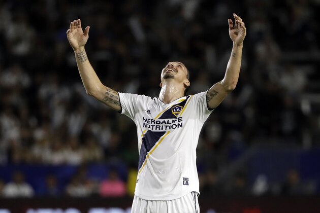 LA Galaxy forward Zlatan Ibrahimovic reacts to a missed shot during the first half of the team's MLS soccer match against the Minnesota United on Saturday, Aug. 11, 2018, in Carson, Calif. (AP Photo/Marcio Jose Sanchez)