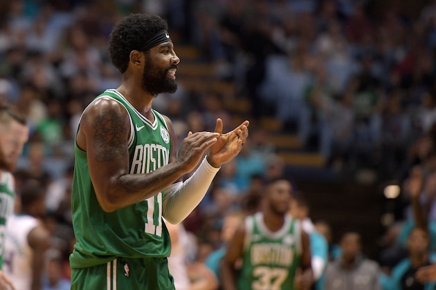 CHAPEL HILL, NC - SEPTEMBER 28: Kyrie Irving #11 of the Boston Celtics reacts after missing a three-point shot as time expired in the first quarter of their preseason game against the Charlotte Hornets at Dean Smith Center on September 28, 2018 in Chapel Hill, North Carolina. NOTE TO USER: User expressly acknowledges and agrees that, by downloading and or using this photograph, User is consenting to the terms and conditions of the Getty Images License Agreement. The Hornets won 104-97. (Photo by Lance King/Getty Images)