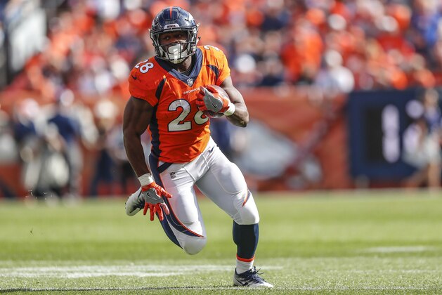 Denver Broncos running back Royce Freeman (28) runs against the Oakland Raiders during the second half of an NFL football game, Sunday, Sept. 16, 2018, in Denver. (AP Photo/Jack Dempsey)