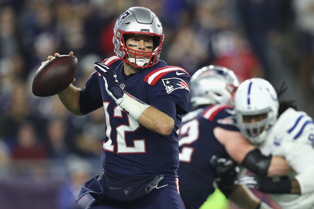 FOXBOROUGH, MA - OCTOBER 04:  Tom Brady #12 of the New England Patriots looks to pass during the first half against the Indianapolis Colts at Gillette Stadium on October 4, 2018 in Foxborough, Massachusetts.  (Photo by Maddie Meyer/Getty Images)