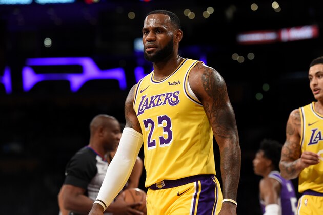 LOS ANGELES, CA - OCTOBER 4:  LeBron James #23 of the Los Angeles Lakers looks on during a pre-season game against the Sacramento Kings on October 4, 2018 at  Staples Center, in Los Angeles, California.  NOTE TO USER: User expressly acknowledges and agrees that, by downloading and/or using this Photograph, user is consenting to the terms and conditions of the Getty Images License Agreement. Mandatory Copyright Notice: Copyright 2018 NBAE (Photo by Adam Pantozzi/NBAE via Getty Images)