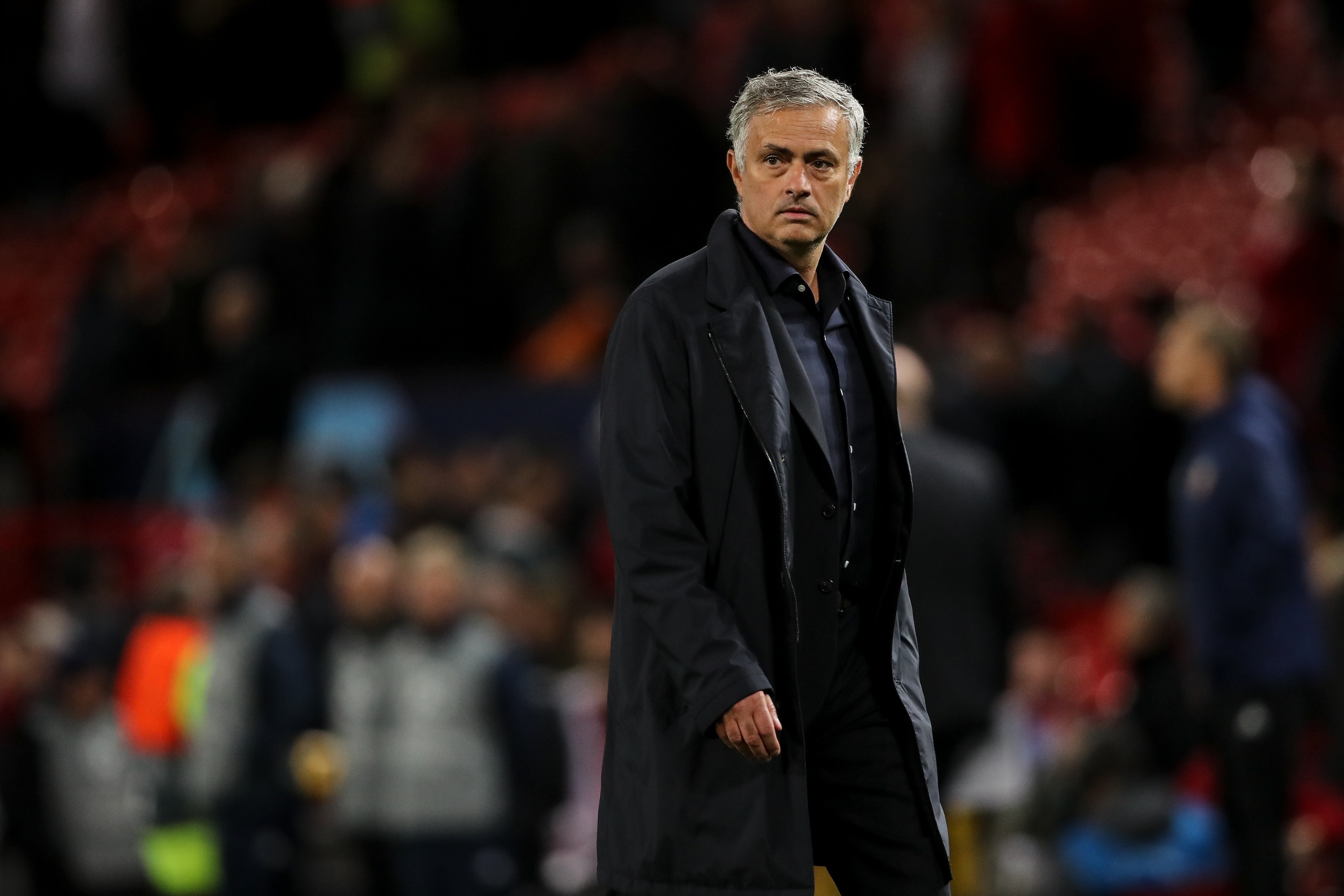 MANCHESTER, ENGLAND - OCTOBER 02: A dejected Jose Mourinho manager \ head coach of Manchester United walks off at full time during the Group H match of the UEFA Champions League between Manchester United and Valencia at Old Trafford on October 2, 2018 in Manchester, United Kingdom. (Photo by Matthew Ashton - AMA/Getty Images)