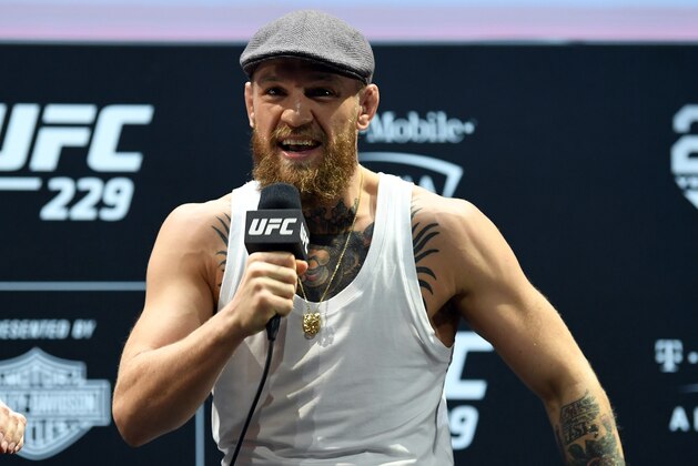 LAS VEGAS, NEVADA - OCTOBER 04:  Conor McGregor speaks during the UFC 229 Press Conference inside The Park Theater at Park MGM on October 4, 2018 in Las Vegas, Nevada. (Photo by Jeff Bottari/Zuffa LLC/Zuffa LLC via Getty Images)