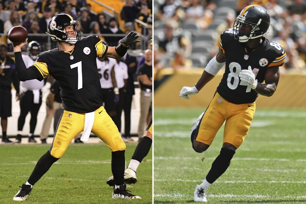 FILE - At left, in a Sept. 30, 2018, file photo, Pittsburgh Steelers quarterback Ben Roethlisberger (7) throws a pass during the second half of an NFL football game against the Baltimore Ravens in Pittsburgh. At right, in a Sept. 16, 2018, file photo, Pittsburgh Steelers wide receiver Antonio Brown (84) is shown during an NFL football game against the Kansas City Chiefs, in Pittsburgh. Expected to be playoff contenders, Atlanta (1-3) and Pittsburgh (1-2-1) are reeling a month into the season thanks to injuries and poor defensive play, leaving the door open for a shootout between Steelers quarterback Ben Roethlisberger and counterpart Matt Ryan.  (AP Photo/File)