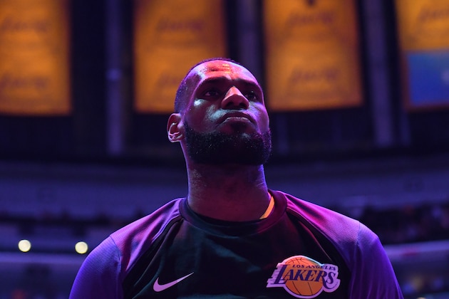 LOS ANGELES, CA - OCTOBER 4: LeBron James #23 of the Los Angeles Lakers looks on during the National Anthem before a pre-season game against the Sacramento Kings on October 4, 2018 at  Staples Center, in Los Angeles, California.  NOTE TO USER: User expressly acknowledges and agrees that, by downloading and/or using this Photograph, user is consenting to the terms and conditions of the Getty Images License Agreement. Mandatory Copyright Notice: Copyright 2018 NBAE (Photo by Adam Pantozzi/NBAE via Getty Images)