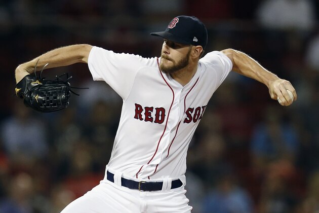Boston Red Sox's Chris Sale pitches during the first inning of the second game of a baseball doubleheader against the Baltimore Orioles in Boston, Wednesday, Sept. 26, 2018. (AP Photo/Michael Dwyer)