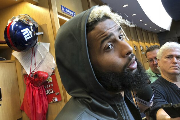 New York Giants' Odell Beckham Jr. speaks to reporters in East Rutherford, N.J., Thursday, Oct. 4, 2018. Four games into the season and Beckham has not caught a touchdown pass. The Giants play the Carolina Panthers in Charlotte, N.C., on Sunday. (AP Photo/Tom Canavan)