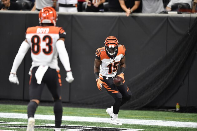 Cincinnati Bengals wide receiver John Ross (15) celebrates his touch down against the Atlanta Falcons during the first half of an NFL football game, Sunday, Sept. 30, 2018, in Atlanta. (AP Photo/John Amis)