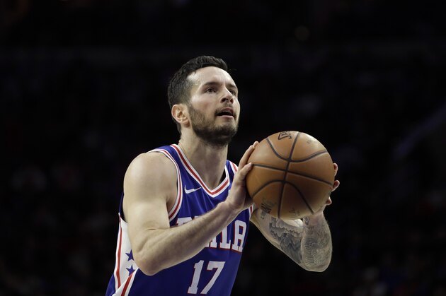 Philadelphia 76ers' JJ Redick in action during the first half of an NBA basketball game against the San Antonio Spurs, Wednesday, Jan. 3, 2018, in Philadelphia. (AP Photo/Matt Slocum)