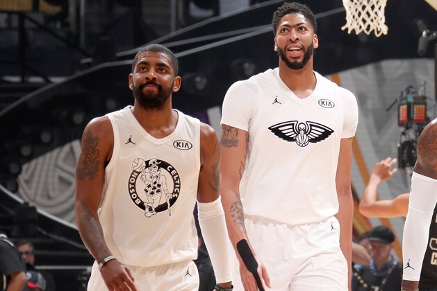 LOS ANGELES, CA - FEBRUARY 18:  Anthony Davis #23, and Kyrie Irving #11 of Team LeBron looks on against Team Stephen during the NBA All-Star Game as a part of 2018 NBA All-Star Weekend at STAPLES Center on February 18, 2018 in Los Angeles, California. NOTE TO USER: User expressly acknowledges and agrees that, by downloading and/or using this photograph, user is consenting to the terms and conditions of the Getty Images License Agreement.  Mandatory Copyright Notice: Copyright 2018 NBAE (Photo by Nathaniel S. Butler/NBAE via Getty Images)
