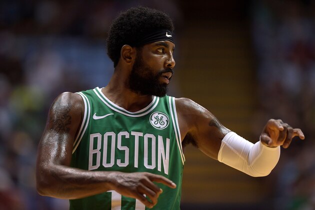 CHAPEL HILL, NC - SEPTEMBER 28: Kyrie Irving #11 of the Boston Celtics looks toward his bench against the Charlotte Hornets in the first quarter of a preseason game at Dean Smith Center on September 28, 2018 in Chapel Hill, North Carolina. NOTE TO USER: User expressly acknowledges and agrees that, by downloading and or using this photograph, User is consenting to the terms and conditions of the Getty Images License Agreement. The Hornets won 104-97. (Photo by Lance King/Getty Images)