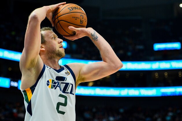 SALT LAKE CITY, UT - OCTOBER 02:  Joe Ingles (2) of the Utah Jazz attempts a shot during a game against the Toronto Raptors at Vivint Smart Home Arena on October 2, 2018 in Salt Lake City, Utah.  NOTE TO USER: User expressly acknowledges and agrees that, by downloading and or using this photograph, User is consenting to the terms and conditions of the Getty Images License Agreement. Mandatory Copyright Notice: Copyright 2018 NBAE   (Photo by Alex Goodlett/Getty Images)