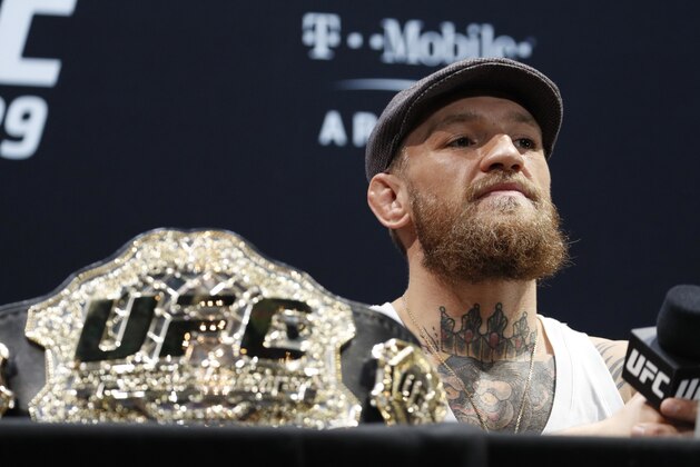 Conor McGregor speaks during a news conference for the UFC 229 mixed martial arts bouts Thursday, Oct. 4, 2018, in Las Vegas. McGregor is scheduled to fight Khabib Nurmagomedov on Saturday in Las Vegas. (AP Photo/John Locher)