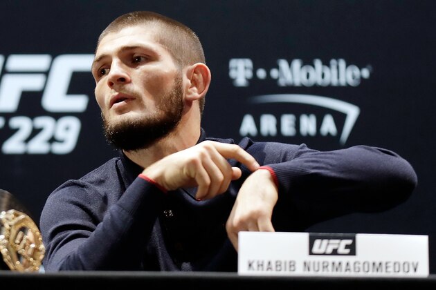 LAS VEGAS, NV - OCTOBER 04:  UFC lightweight champion Khabib Nurmagomedov remarks on a tardy Conor McGregor (not pictured) during a press conference for UFC 229 at Park Theater at Park MGM on October 04, 2018 in Las Vegas, Nevada. Nurmagomedov will defend his title against McGregor at UFC 229 on October 6 at T-Mobile Arena in Las Vegas, Nevada.  (Photo by Isaac Brekken/Getty Images)