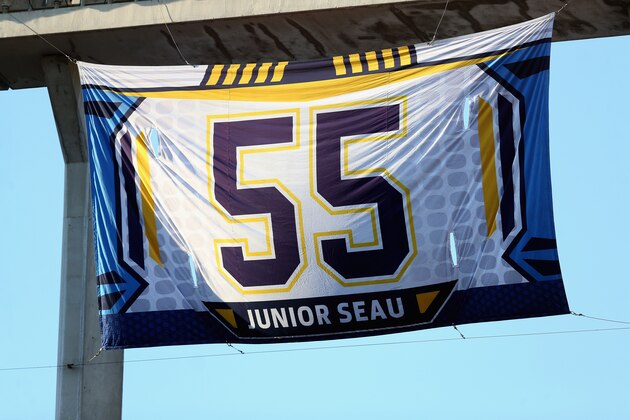SAN DIEGO, CA - AUGUST 19:  A banner honoring the memory of San Diego Chargers Hall of Fame linebacker Junior Seau flies during the preseason game against the Arizona Cardinals at Qualcomm Stadium on August 19, 2016 in San Diego, California.  The Chargers won 19-3.  (Photo by Stephen Dunn/Getty Images)