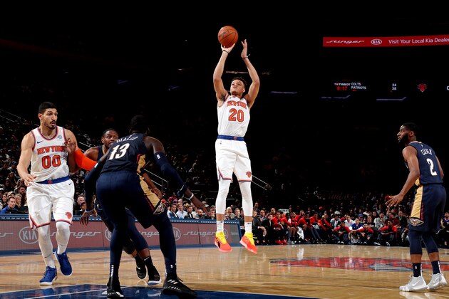 NEW YORK, NY - OCTOBER 5: Kevin Knox #20 of the New York Knicks shoots the ball against the New Orleans Pelicans during a pre-season game on October 5, 2018 at Madison Square Garden in New York City, New York.  NOTE TO USER: User expressly acknowledges and agrees that, by downloading and or using this photograph, User is consenting to the terms and conditions of the Getty Images License Agreement. Mandatory Copyright Notice: Copyright 2018 NBAE  (Photo by Nathaniel S. Butler/NBAE via Getty Images)