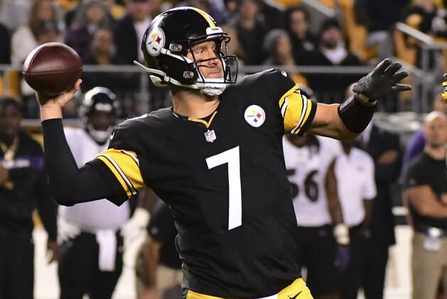 Pittsburgh Steelers quarterback Ben Roethlisberger (7) throws a pass during the second half of an NFL football game against the Baltimore Ravens in Pittsburgh, Sunday, Sept. 30, 2018. (AP Photo/Fred Vuich)