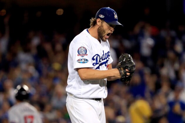 LOS ANGELES, CA - OCTOBER 05:  Clayton Kershaw #22 of the Los Angeles Dodgers reacts after retiring the side during the sixth inning against the Atlanta Braves during Game Two of the National League Division Series at Dodger Stadium on October 5, 2018 in Los Angeles, California.  (Photo by Sean M. Haffey/Getty Images)