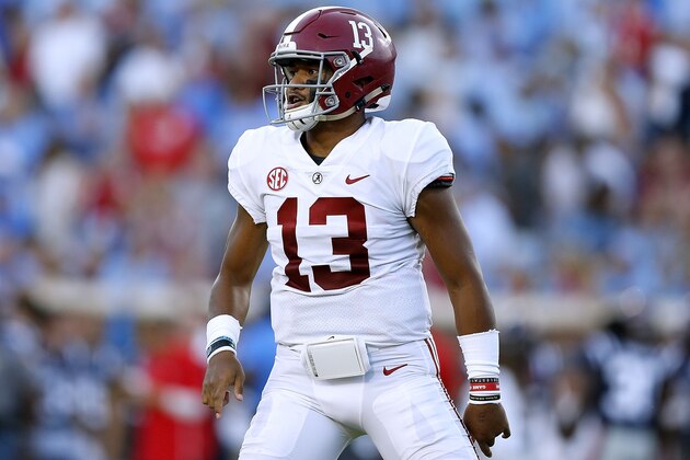 OXFORD, MS - SEPTEMBER 15:  Tua Tagovailoa #13 of the Alabama Crimson Tide reacts during a game against the Mississippi Rebels at Vaught-Hemingway Stadium on September 15, 2018 in Oxford, Mississippi.  (Photo by Jonathan Bachman/Getty Images)
