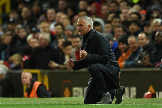 Manchester United's Portuguese manager Jose Mourinho gestures during the English Premier League football match between Manchester United and Newcastle at Old Trafford in Manchester, north west England, on October 6, 2018. (Photo by Oli SCARFF / AFP) / RESTRICTED TO EDITORIAL USE. No use with unauthorized audio, video, data, fixture lists, club/league logos or 'live' services. Online in-match use limited to 120 images. An additional 40 images may be used in extra time. No video emulation. Social media in-match use limited to 120 images. An additional 40 images may be used in extra time. No use in betting publications, games or single club/league/player publications. /         (Photo credit should read OLI SCARFF/AFP/Getty Images)