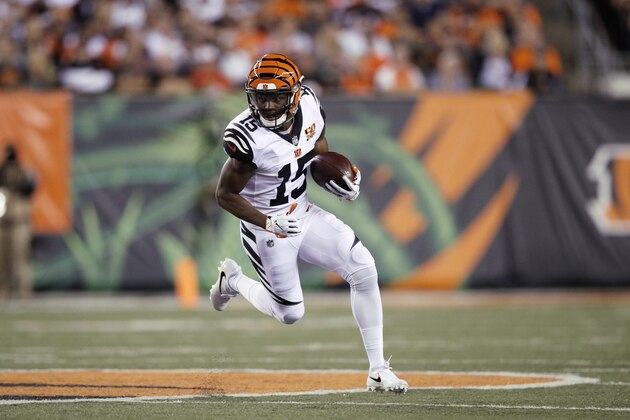 CINCINNATI, OH - SEPTEMBER 14: John Ross #15 of the Cincinnati Bengals runs with the ball during a game against the Houston Texans at Paul Brown Stadium on September 14, 2017 in Cincinnati, Ohio. The Texans won 13-9. (Photo by Joe Robbins/Getty Images)