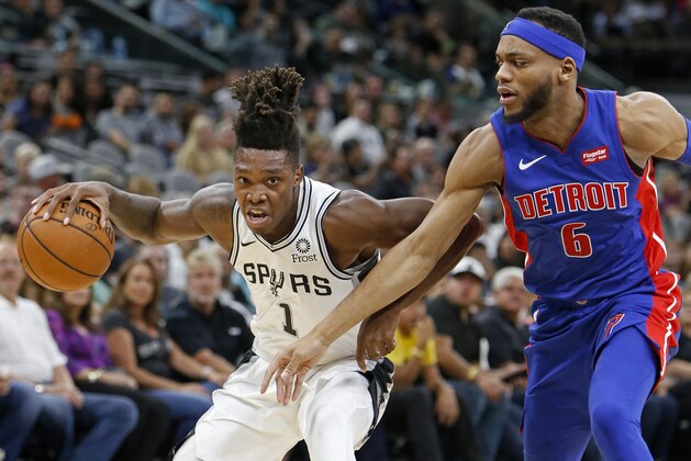 SAN ANTONIO,TX - OCTOBER 5:  Lonnie Walker IV #1 of the San Antonio Spurs looks for room around Bruce Brown #6 of the Detroit Pistons during a preseason game on October 5, 2018 at the AT&T Center in San Antonio, Texas. The Spurs won 117-93.  NOTE TO USER: User expressly acknowledges and agrees that, by downloading and or using this photograph, User is consenting to the terms and conditions of the Getty Images License Agreement.  (Photo by Edward A. Ornelas/Getty Images)