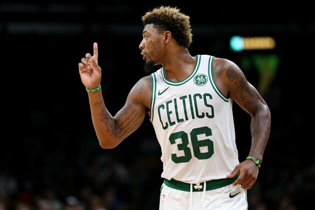 BOSTON, MA - OCTOBER 2: Marcus Smart #36 of the Boston Celtics reacts during the preseason game against the Cleveland Cavaliers at TD Garden on October 2, 2018 in Boston, Massachusetts. (Photo by Maddie Meyer/Getty Images)