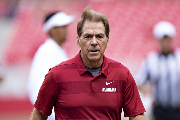 FAYETTEVILLE, AR - OCTOBER 6: Head Coach Nick Saban of the Alabama Crimson Tide jogs off the field before a game against the Arkansas Razorbacks at Razorback Stadium on October 6, 2018 in Tuscaloosa, Alabamai. (Photo by Wesley Hitt/Getty Images) FAYETTEVILLE, AR - OCTOBER 6: Head Coach Nick Saban of the Alabama Crimson Tide jogs off the field before a game against the Arkansas Razorbacks at Razorback Stadium on October 6, 2018 in Tuscaloosa, Alabamai. (Photo by Wesley Hitt/Getty Images)