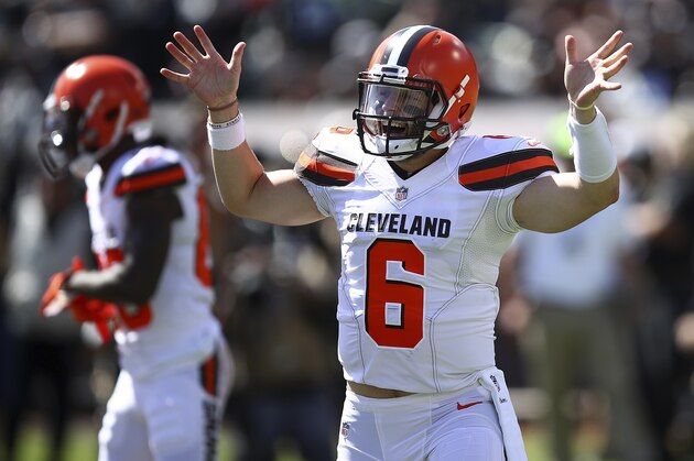 Cleveland Browns quarterback Baker Mayfield (6) gestures against the Oakland Raiders during the first half of an NFL football game in Oakland, Calif., Sunday, Sept. 30, 2018. (AP Photo/Ben Margot)