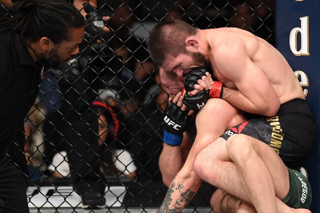 LAS VEGAS, NV - OCTOBER 06: Khabib Nurmagomedov of Russia submits Conor McGregor of Ireland in their UFC lightweight championship bout during the UFC 229 event inside T-Mobile Arena on October 6, 2018 in Las Vegas, Nevada.  (Photo by Josh Hedges/Zuffa LLC/Zuffa LLC)