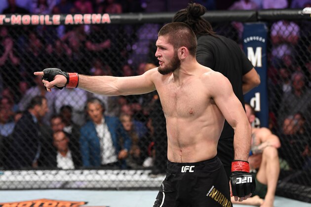 LAS VEGAS, NV - OCTOBER 06:  Khabib Nurmagomedov of Russia points to Conor McGregor of Ireland corner in their UFC lightweight championship bout during the UFC 229 event inside T-Mobile Arena on October 6, 2018 in Las Vegas, Nevada.  (Photo by Josh Hedges/Zuffa LLC/Zuffa LLC)
