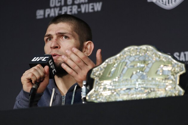 Khabib Nurmagomedov speaks at a news conference after the UFC 229 mixed martial arts event Saturday, Oct. 6, 2018, in Las Vegas. A brawl broke out after the main event between Khabib Nurmagomedov and Conor McGregor when Nurmagomedov climbed over the cage and set off a scuffle with another fighter in McGregor's corner. (AP Photo/John Locher)