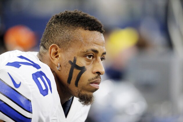 Dallas Cowboys defensive end Greg Hardy (76) looks on from the sidelines during an NFL football game against the Seattle Seahawks Sunday, Nov. 1, 2015, in Arlington, Texas. Seattle won 13-12. (AP Photo/Brandon Wade)