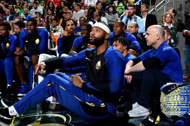 SEATTLE, WA - OCTOBER 5: DeMarcus Cousins #0 of the Golden State Warriors reacts from the bench against the Sacramento Kings during a pre-season game on October 5, 2018 at KeyArena in Seattle, Washington. NOTE TO USER: User expressly acknowledges and agrees that, by downloading and or using this photograph, user is consenting to the terms and conditions of Getty Images License Agreement. Mandatory Copyright Notice: Copyright 2018 NBAE (Photo by Noah Graham/NBAE via Getty Images)