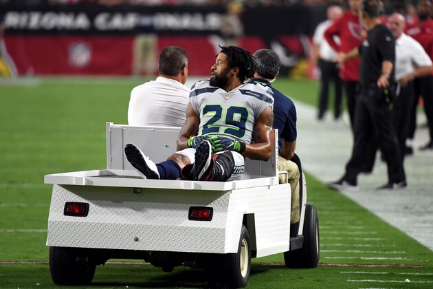 GLENDALE, AZ - SEPTEMBER 30: Defensive back Earl Thomas #29 of the Seattle Seahawks leaves the field on a cart after being injured during the fourth quarter against the Arizona Cardinals at State Farm Stadium on September 30, 2018 in Glendale, Arizona. (Photo by Norm Hall/Getty Images)