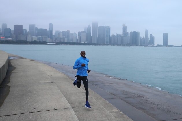 CHICAGO, IL - OCTOBER 06:  Sir Mo Farah on a training run alongside Lake Michigan ahead of the 2018 Bank of America Chicago Marathon on October 6, 2018 in Chicago, Illinois.  (Photo by Michael Steele/Getty Images)