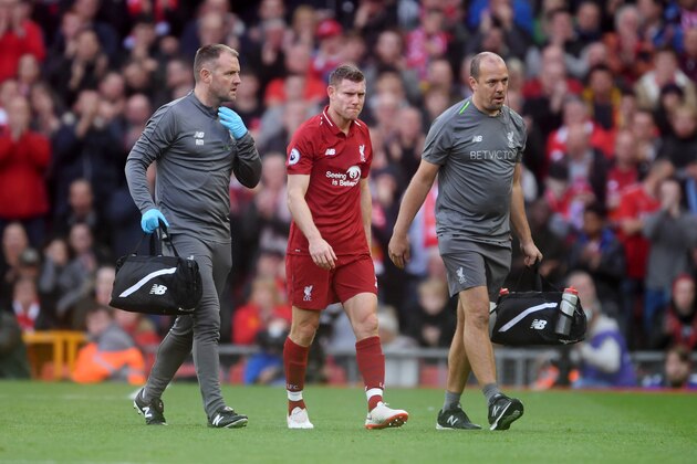 LIVERPOOL, ENGLAND - OCTOBER 07:  James Milner of Liverpool walks off the pitch after picking up an injury during the Premier League match between Liverpool FC and Manchester City at Anfield on October 7, 2018 in Liverpool, United Kingdom.  (Photo by Laurence Griffiths/Getty Images)