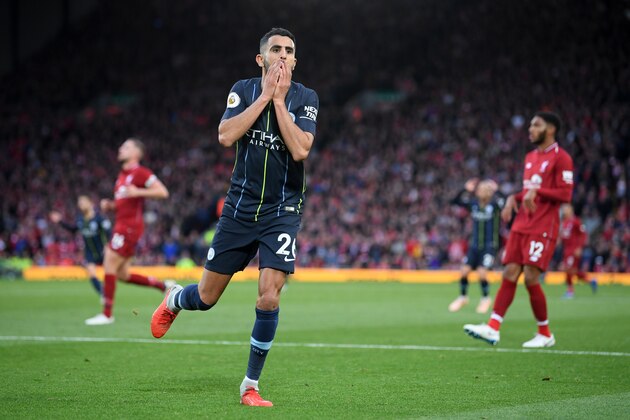 LIVERPOOL, ENGLAND - OCTOBER 07:  Riyad Mahrez of Manchester City reacts after a missed chance during the Premier League match between Liverpool FC and Manchester City at Anfield on October 7, 2018 in Liverpool, United Kingdom.  (Photo by Laurence Griffiths/Getty Images)