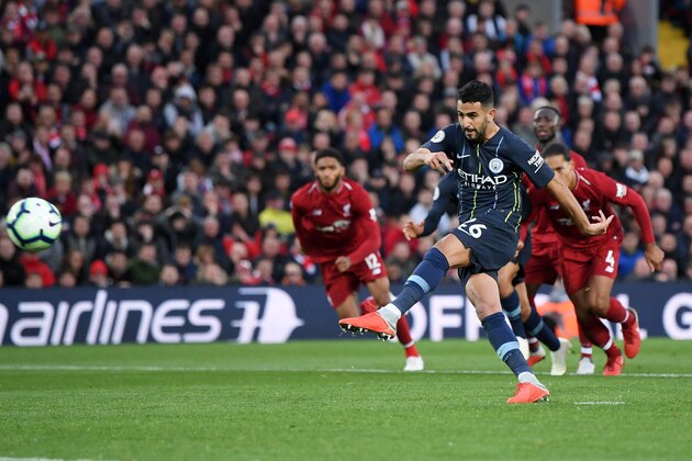 LIVERPOOL, ENGLAND - OCTOBER 07:  Riyad Mahrez of Manchester City takes a penalty and misses during the Premier League match between Liverpool FC and Manchester City at Anfield on October 7, 2018 in Liverpool, United Kingdom.  (Photo by Laurence Griffiths/Getty Images)