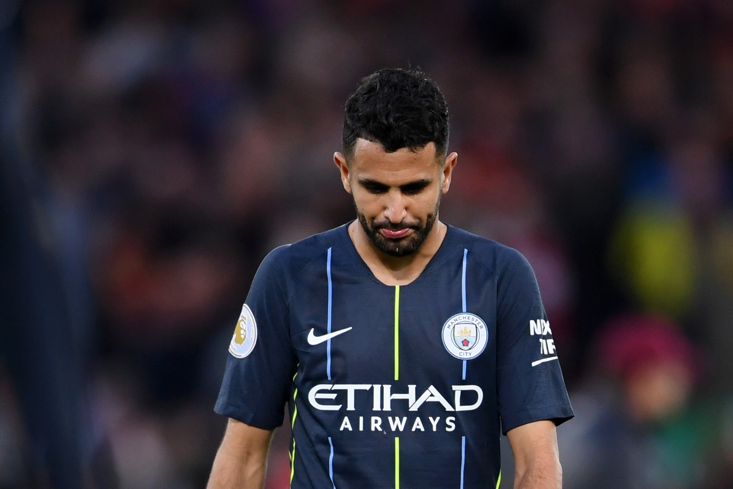 LIVERPOOL, ENGLAND - OCTOBER 07:  Riyad Mahrez of Manchester City looks dejected after the Premier League match between Liverpool FC and Manchester City at Anfield on October 7, 2018 in Liverpool, United Kingdom.  (Photo by Laurence Griffiths/Getty Images)